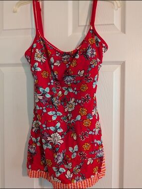 Ellen Tracy Red Floral Swimsuit Skirted Size 10